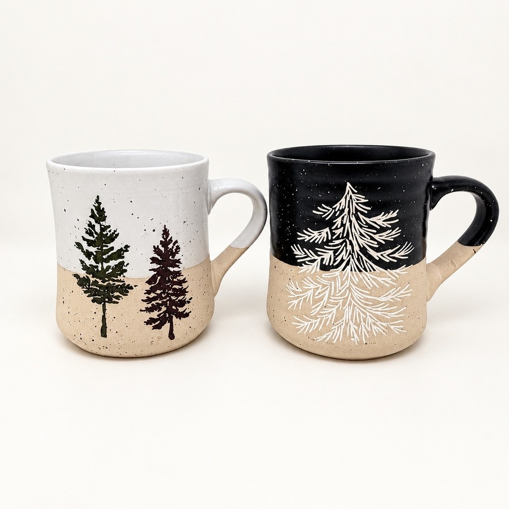 Peppermint & Pine Ceramic Mug Set Speckled Stoneware Evergreen Tree Cabin Decor